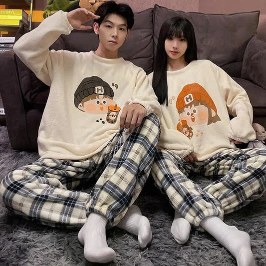Kawaii Girlfriend Boyfriend Cartoon Print Plush Pajamas Set
