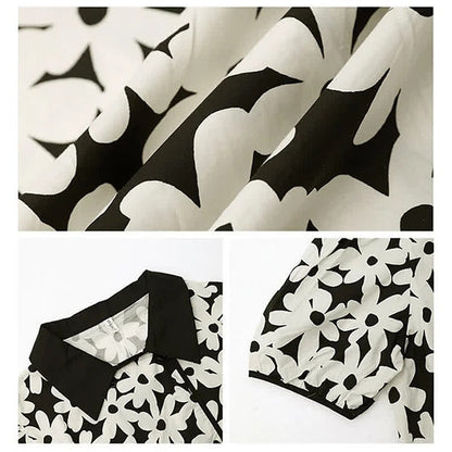 Floral Print Collar Shirt Irregular Slip Dress Denim Pants Two Piece Set