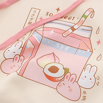 Sweet Cartoon Bunny Drinks Print Pocket Sweatshirt Hoodie