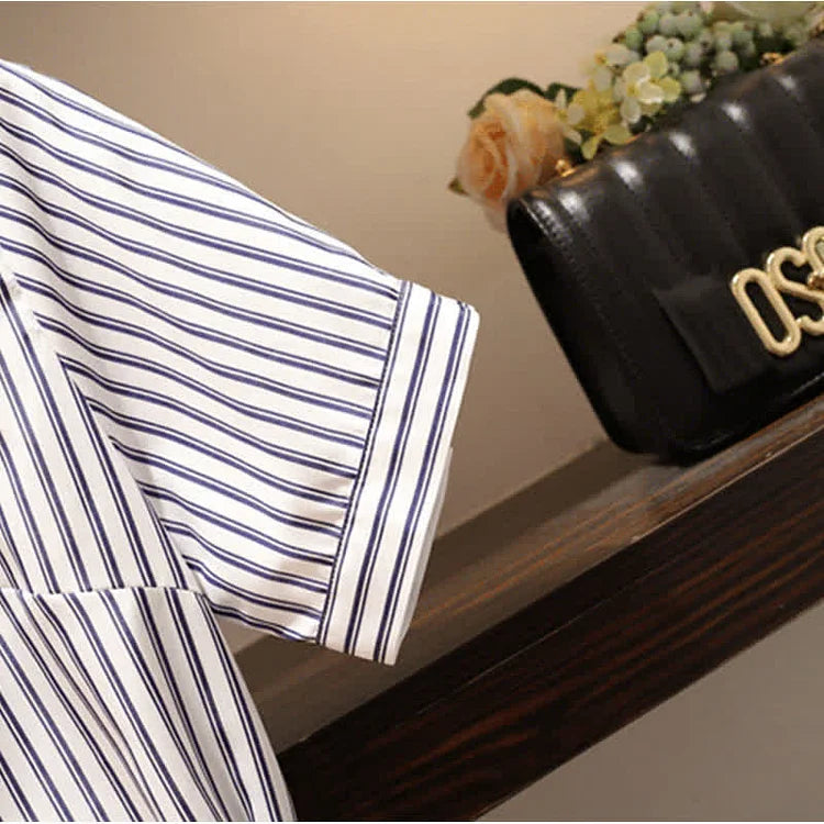 Striped Print Belted Lapel A-line T-Shirt Dress