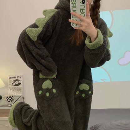 Kawaii Cartoon Dinosaur Plush Hooded Jumpsuit Pajamas