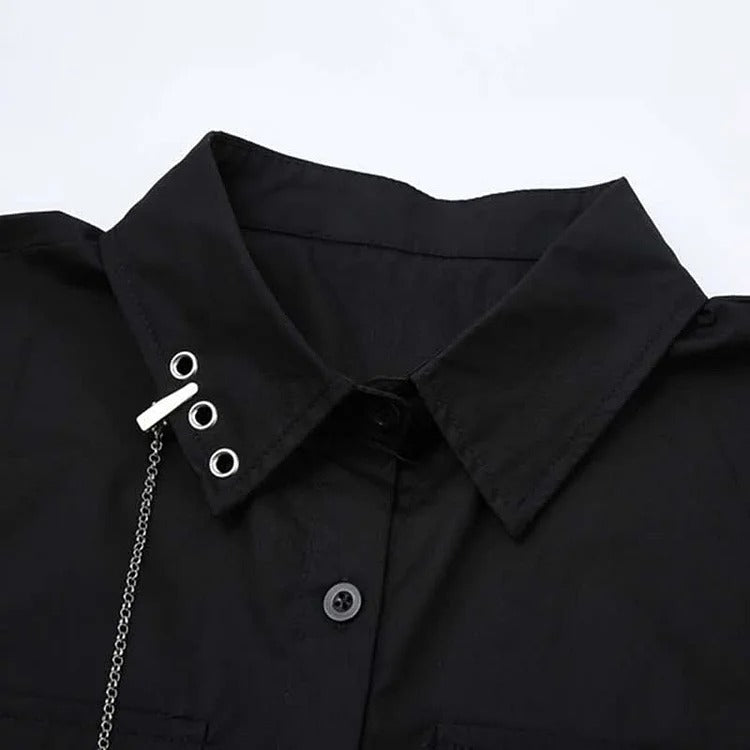Pocket Lapel Tie Shirt Denim Overall Dress Two Piece Set
