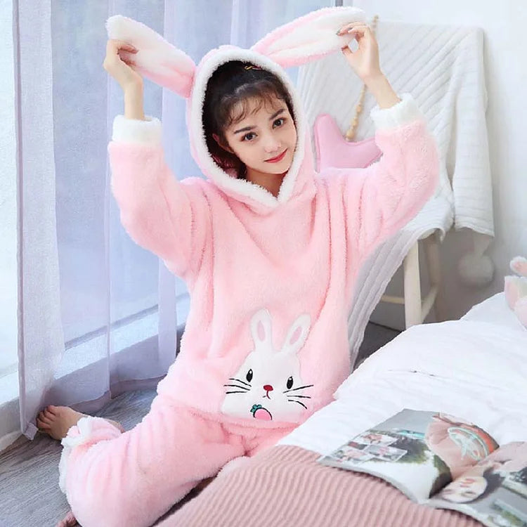 Kawaii Bunny Ear Bear Hooded Pajamas Set