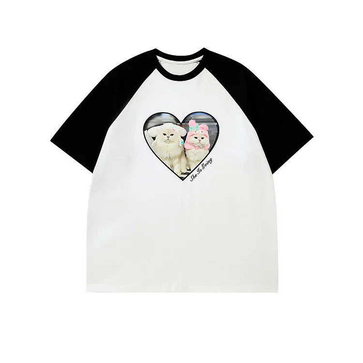 Love Heart Kitty Letter Print Round Neck Colorblock T-Shirt
