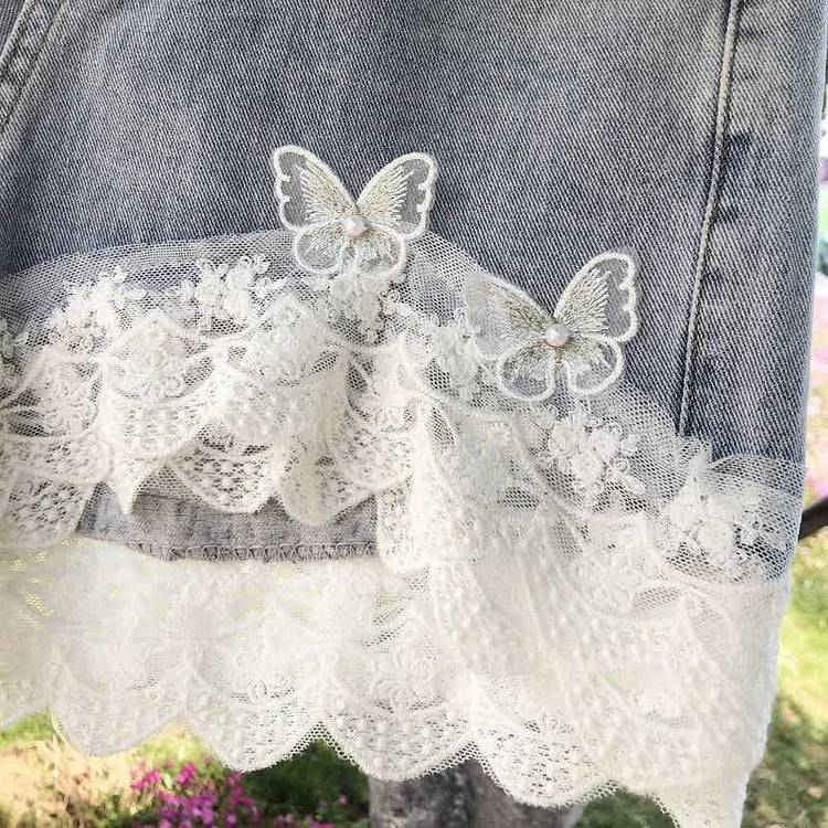 Butterfly Lace Stitching High Waist Denim Shorts