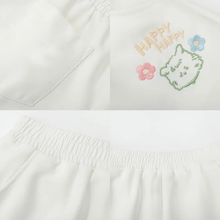Cartoon Puppy Flower Letter Embroidery Pocket T-Shirt Casual Shorts