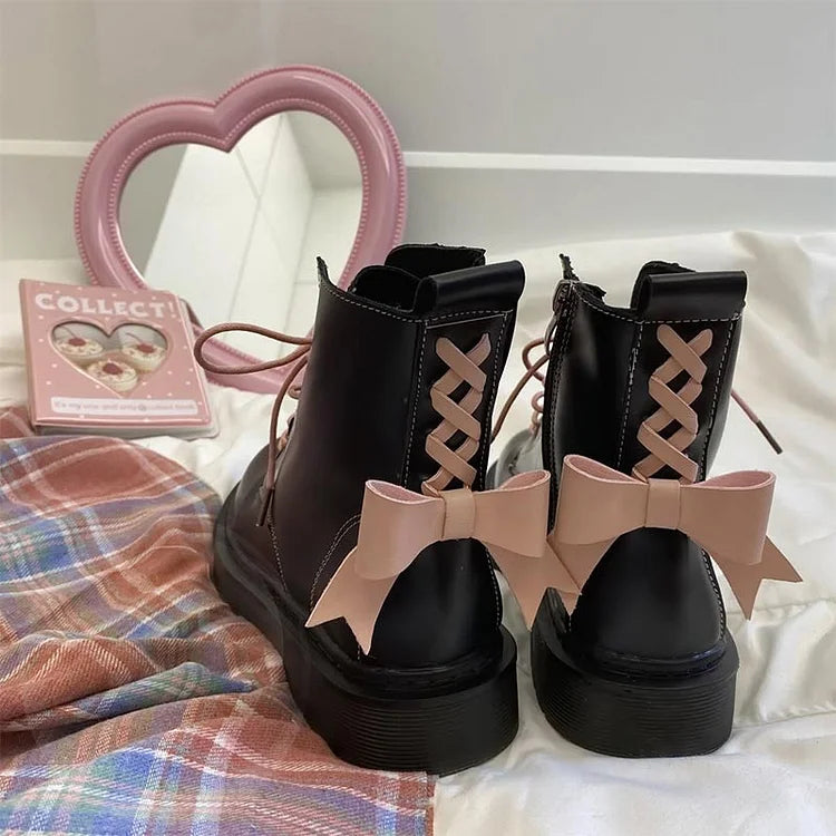 Lolita Bow Tie Ankle Flat Platform Boots