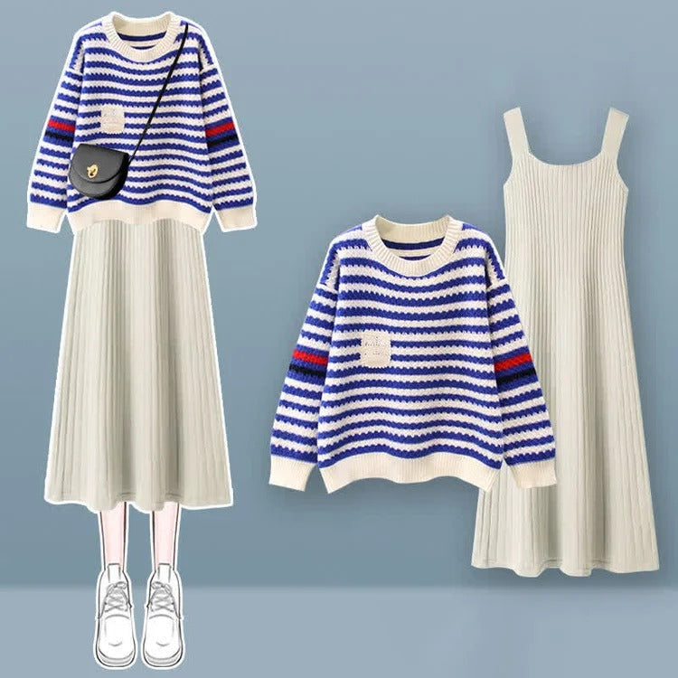 Striped Pocket Colorblock Knit Sweater Slip Dress Two Piece Set