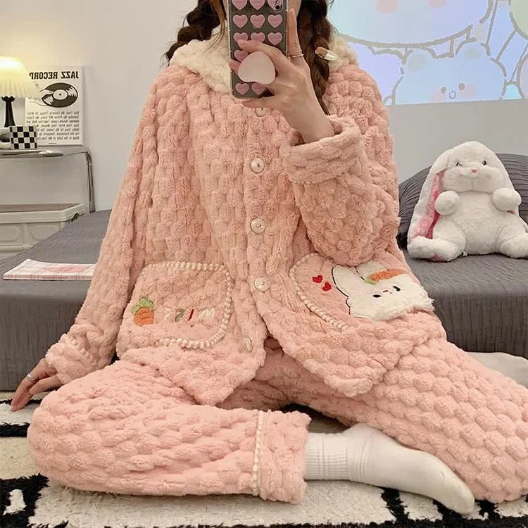 Kawaii Cartoon Bunny Bear Pattern Plush Hooded Pajamas