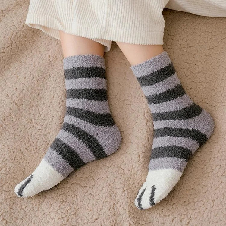 Cat Paw Striped Plush Ankle Socks