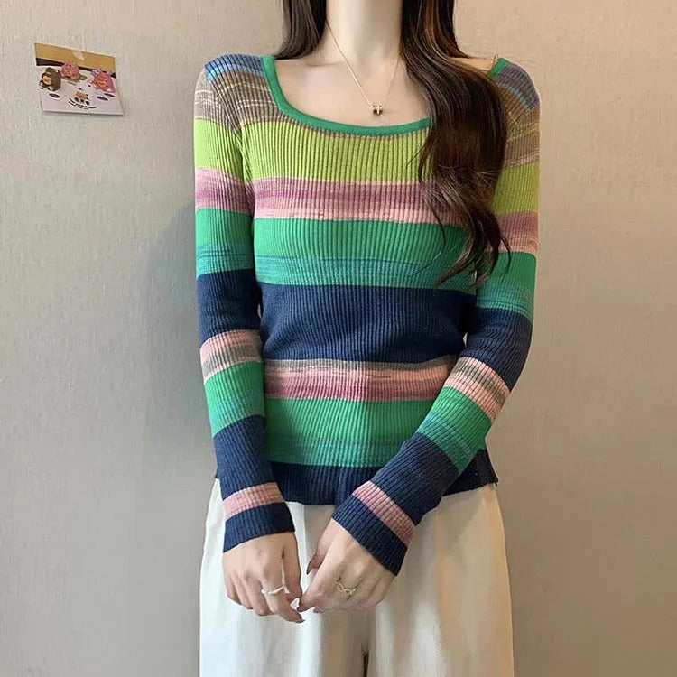 Chic Rainbow Striped Colorblock Pullover Knit Shirt