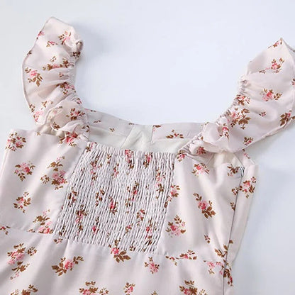 Vintage Lace Up Cardigan Floral Print Split Slip Dress Two Piece Set