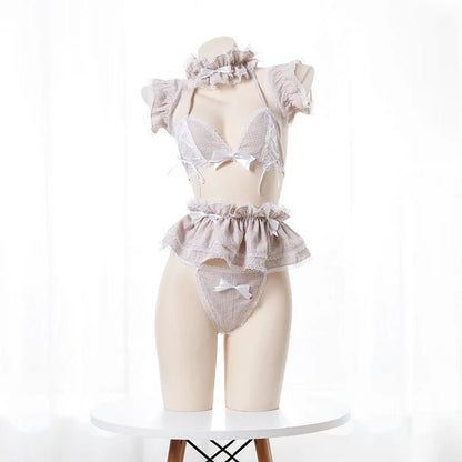 Bowknot Lace Plaid Cosplay Maid Bikini Lingerie Set