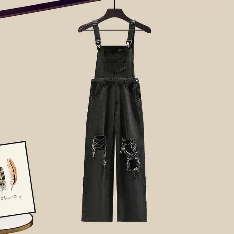 Bowknot Lapel Shirt Ripped Denim Overalls Pants Two Piece Set Meowhiskers