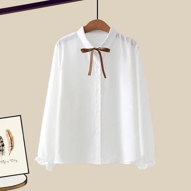 Bowknot Lapel Shirt Ripped Denim Overalls Pants Two Piece Set Meowhiskers