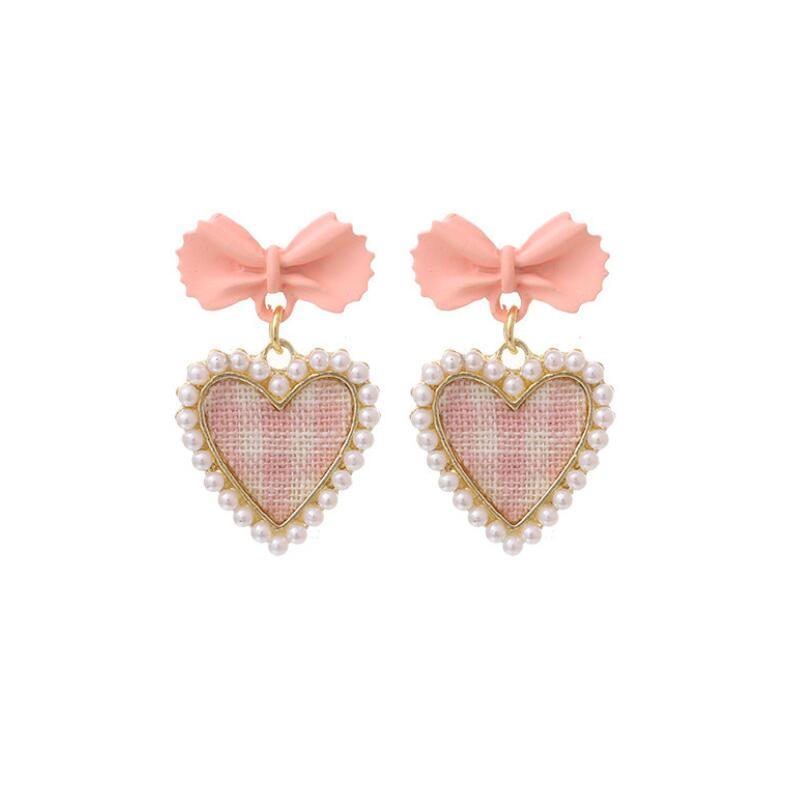 Bowknot Love Grid Pearl Heart Earrings Meowhiskers
