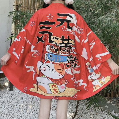 Vintage Lucky Cat Letter Print Japanese Cardigan Kimono Outerwear