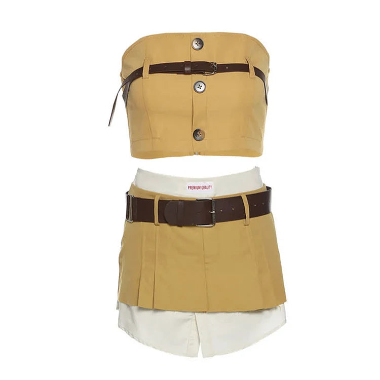 Chic Off Shoulder Top High Waist Mini Skirt With Belt