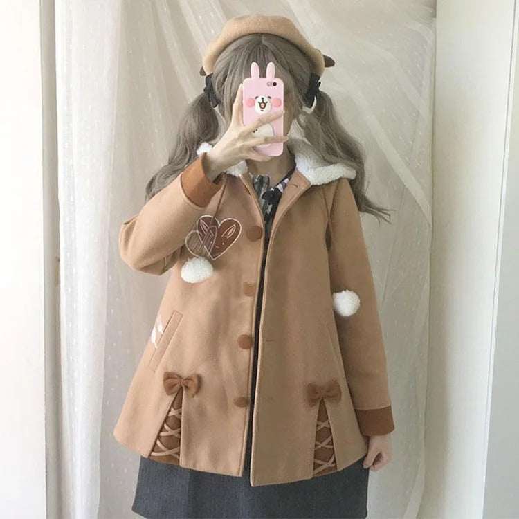 Kawaii Lolita Bunny Bowknot Plush Hooded Coat