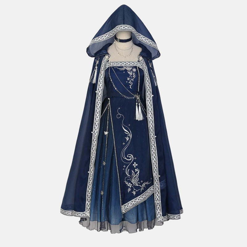 Ancient Hooded Cloak Embroidery Butterfly Tassel Chain Dress