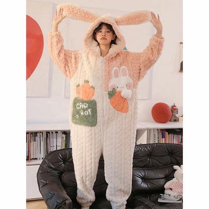 Kawaii Cartoon Bunny Zipper Plush Hooded Jumpsuit Pajamas