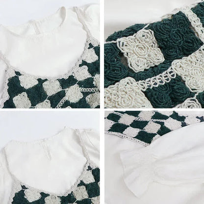 Knit Plaid Vest Chiffon Shirt High Waist Pleated Skirt Three Piece Set