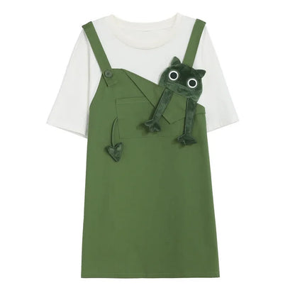 Cartoon Frog Fake Two Pieces Loose T-shirt Dress