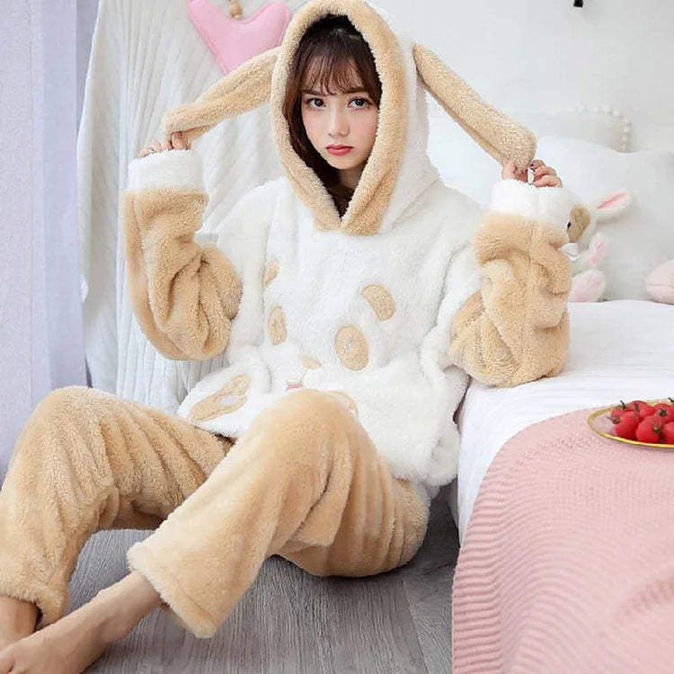 Kawaii Bunny Ear Bear Hooded Pajamas Set