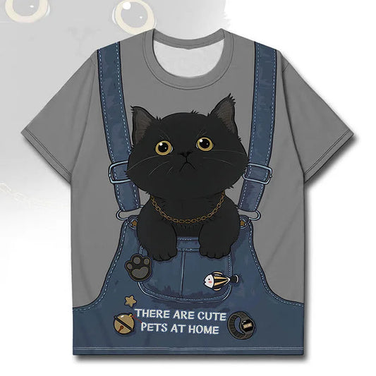 Cartoon Black Kitty Print Round Neck Casual Mesh T-Shirt