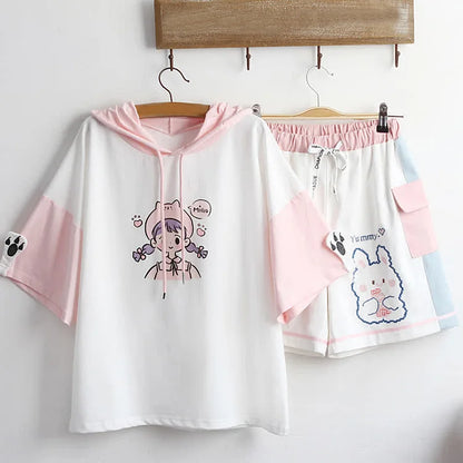 Kawaii Girl Print Hooded T-Shirt Bunny Print Pocket Shorts