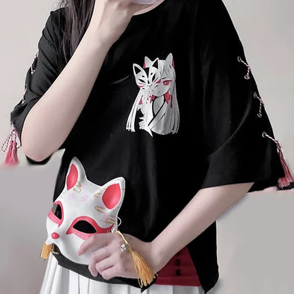 Masked Fox Girl Letter Print Loose T-Shirt