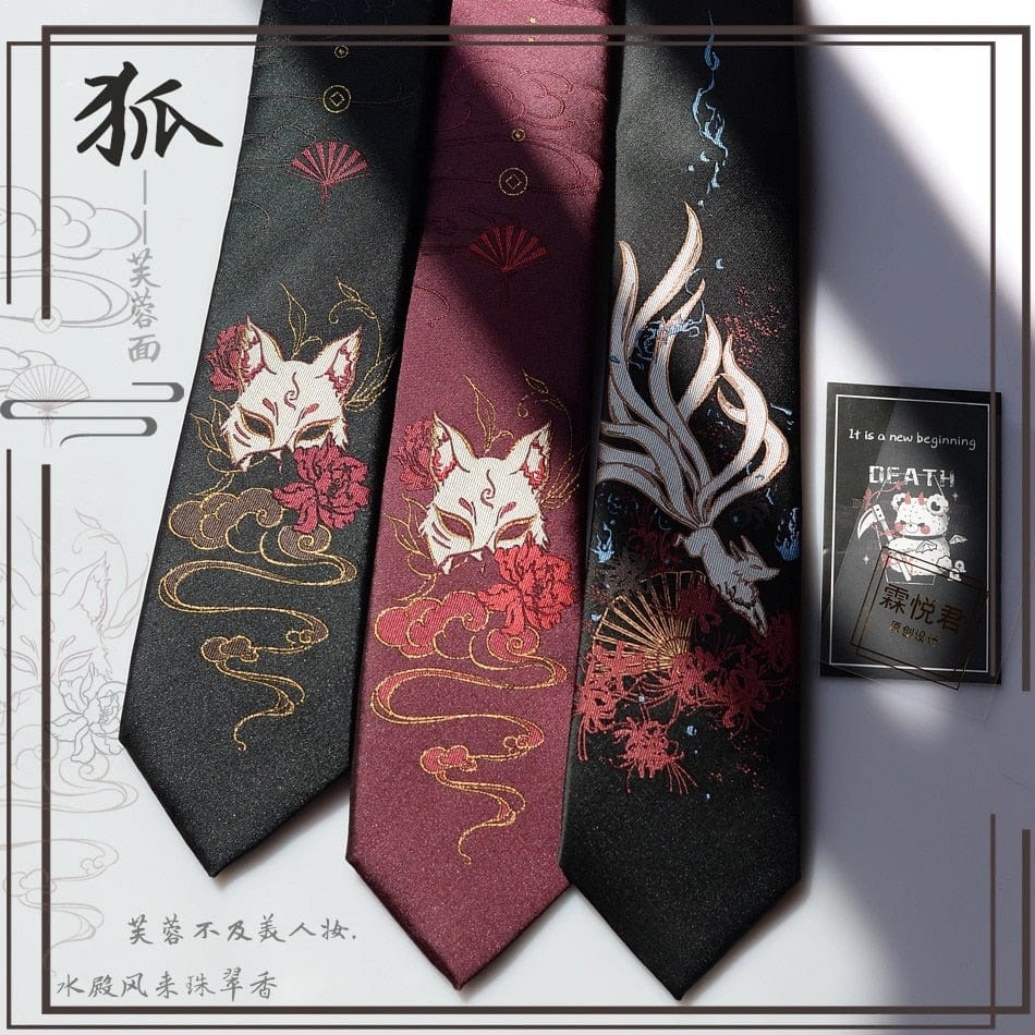 Cartoon Beauty Fox Flowers Print Tie Meowhiskers