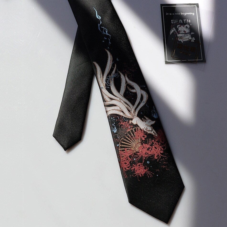 Cartoon Beauty Fox Flowers Print Tie Meowhiskers