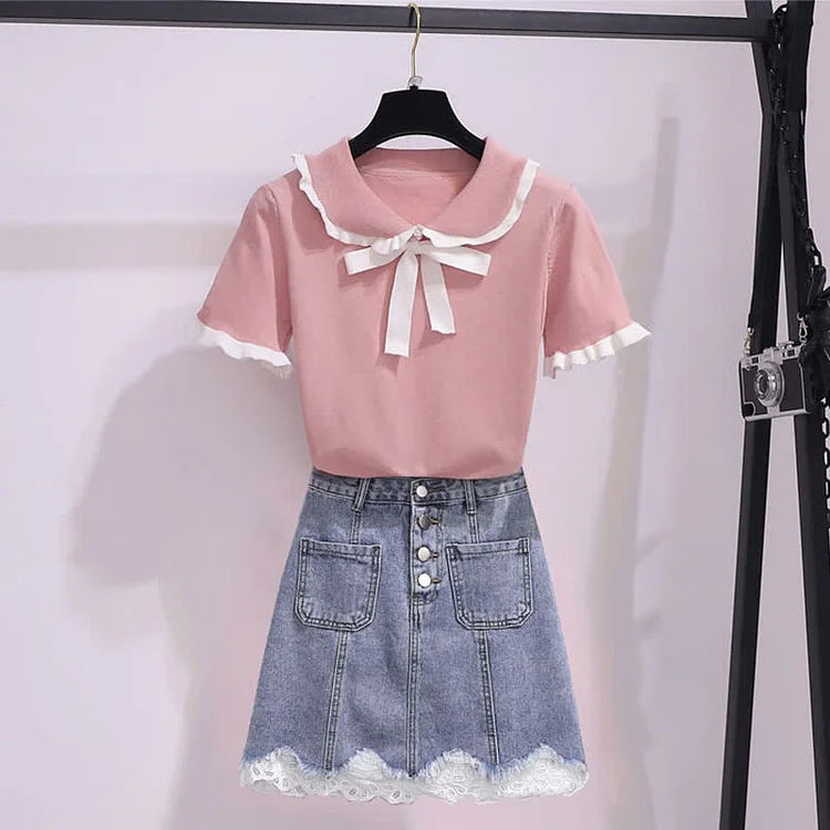Chic Doll Collar Bowknot Knitted T-Shirt High Waist Denim Skirt