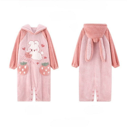 Cartoon Strawberry Bunny Letter Embroidery Pockets Plush Hooded Jumpsuit Pajamas