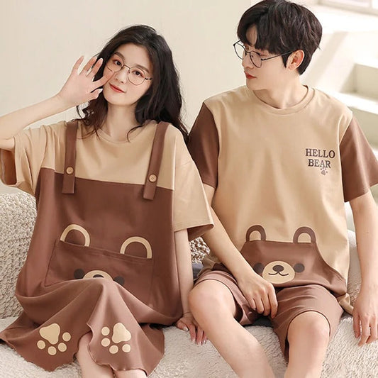 Sweet Cartoon Bear Print Girlfriend Boyfriend Pajamas Set
