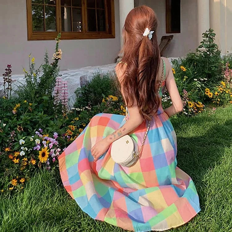 Chic Colorblock Rainbow Plaid Print A-line Slip Dress  Meowhiskers