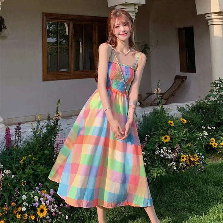 Chic Colorblock Rainbow Plaid Print A-line Slip Dress – Meowhiskers