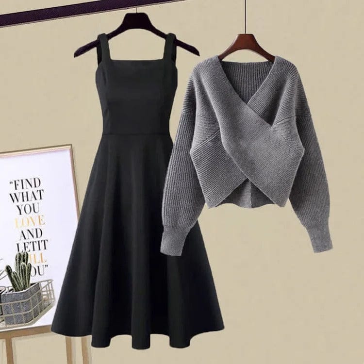 Chic Cross Knit V-Neck Sweater Slip Dress Two Piece Set Meowhiskers Chic Cross Knit V-Neck Sweater Slip Dress Two Piece Set Meowhiskers
