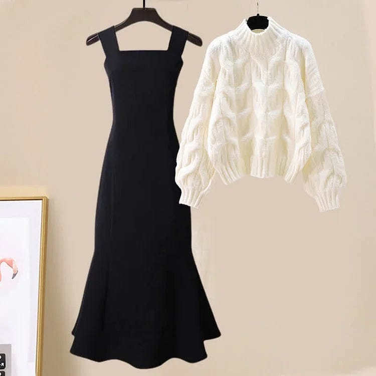 Chic Vivid Color Knit Sweater Slip Dress Two Piece Set Meowhiskers