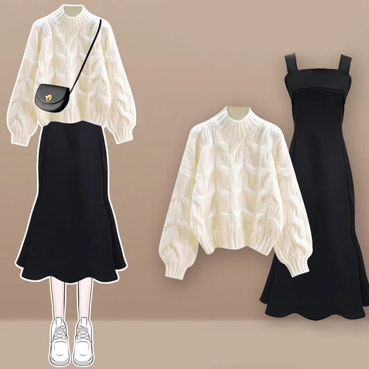 Chic Vivid Color Knit Sweater Slip Dress Two Piece Set Meowhiskers