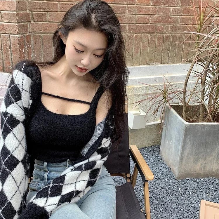 Colorblock Rhombus Print V-Neck Cardigan Sweater Tank Top Two Piece Set Meowhiskers