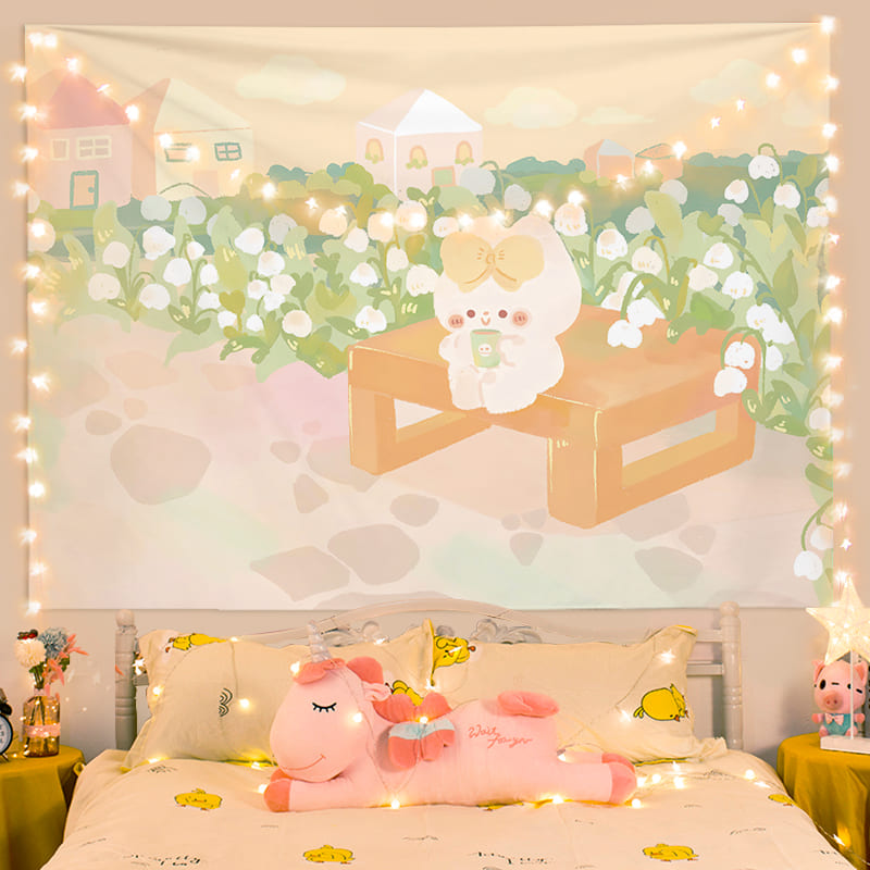Kawaii Cartoon Bunny Bear Adventure Wall Tapestry