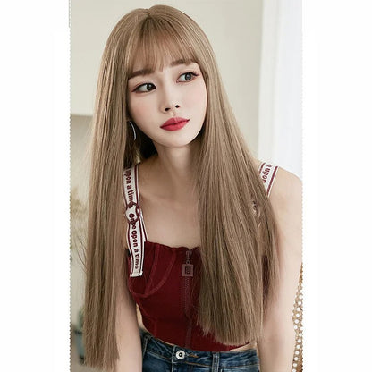 Sweet Long Straight Light Brown Wig With Bangs