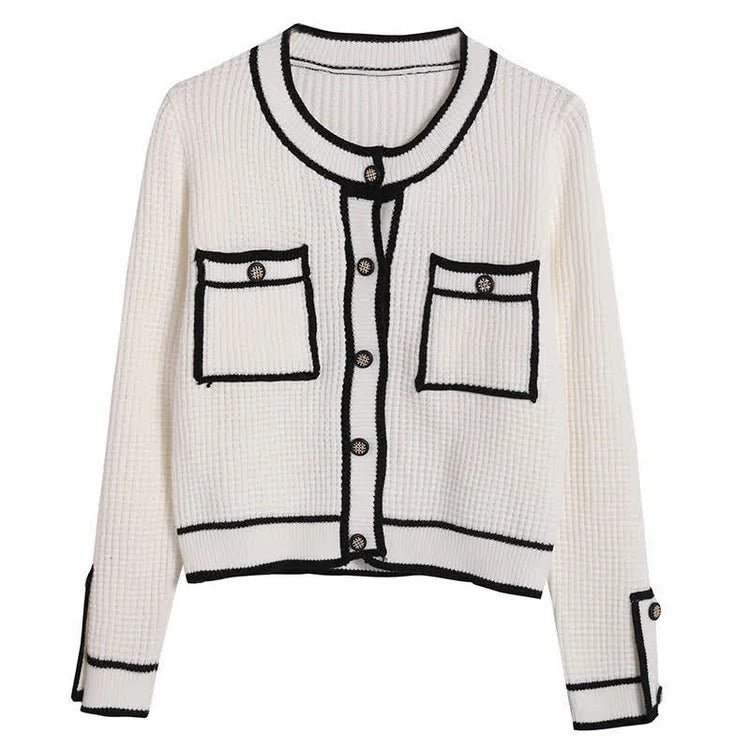 Chic Colorblock Pockets Crop Knit Cardigan Sweater