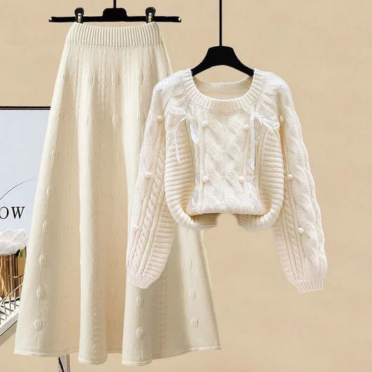Bow Pills Cable Knit Sweater Skirt Two Piece Set