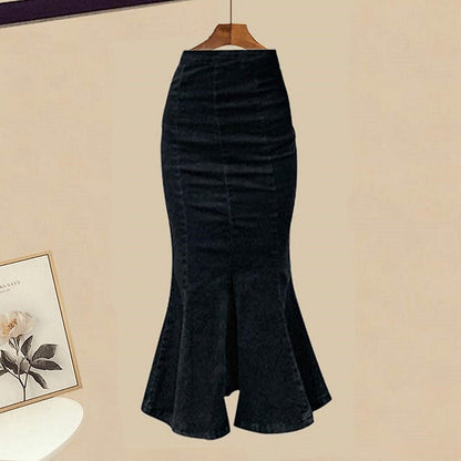 Chic Colorblock Crop Knit Sweater Fishtail Denim Skirt Two Piece Set