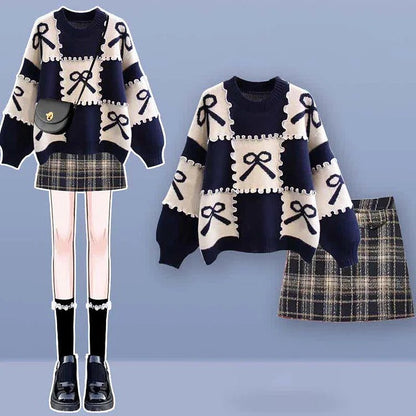 Preppy Bowknot Colorblock Sweater Plaid Pleated Skirt Two Piece Set