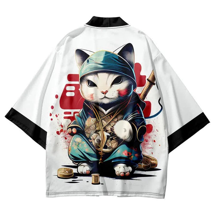 Vintage Cat Warriors Print Cardigan Kimono Outerwear