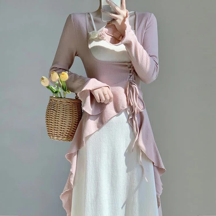 Vintage Flower Square Collar Colorblock Lace Up Flouncing Dress